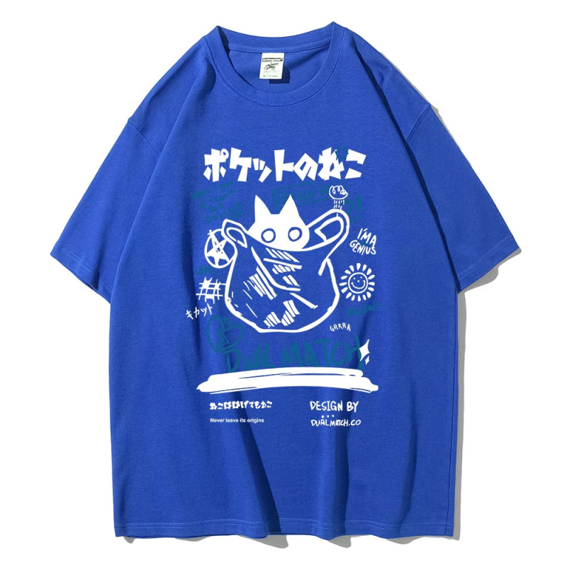 男女2024原宿川合伊猫プリント半袖tシャツ夫婦街頭カジュアルゆったり服Y2Kトップス|undefined