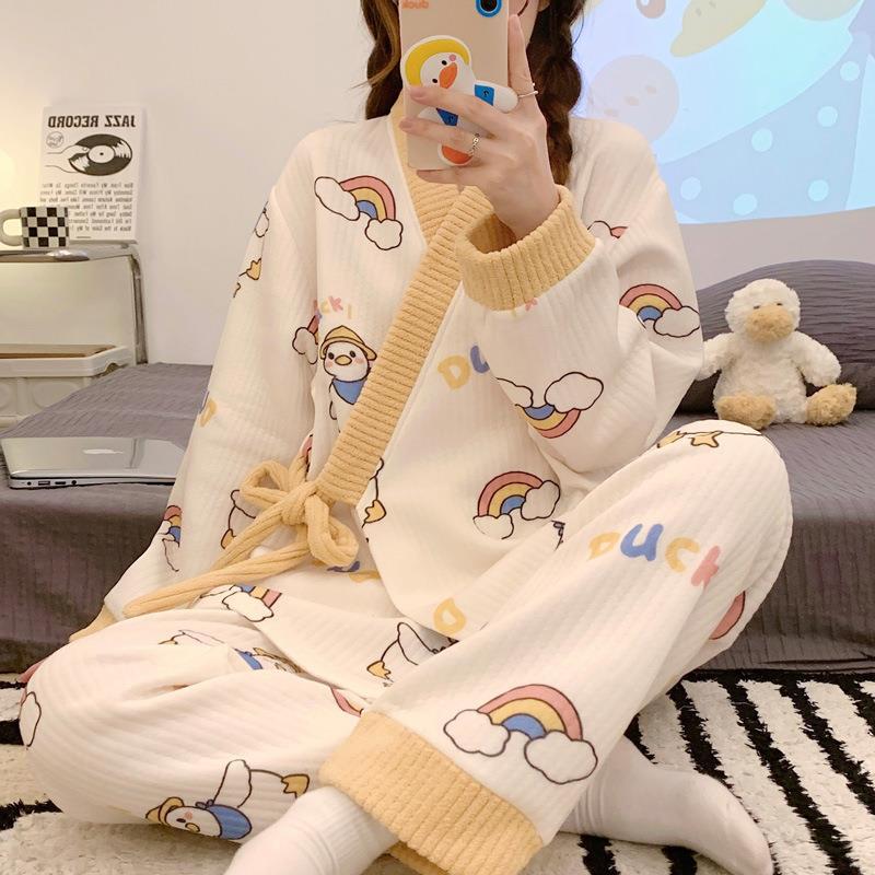 2024 플러스 뚱뚱 200캐티 임산부 3피스 인터레이어 파자마 겨울 에어 코튼 산후 모유수유 산후복