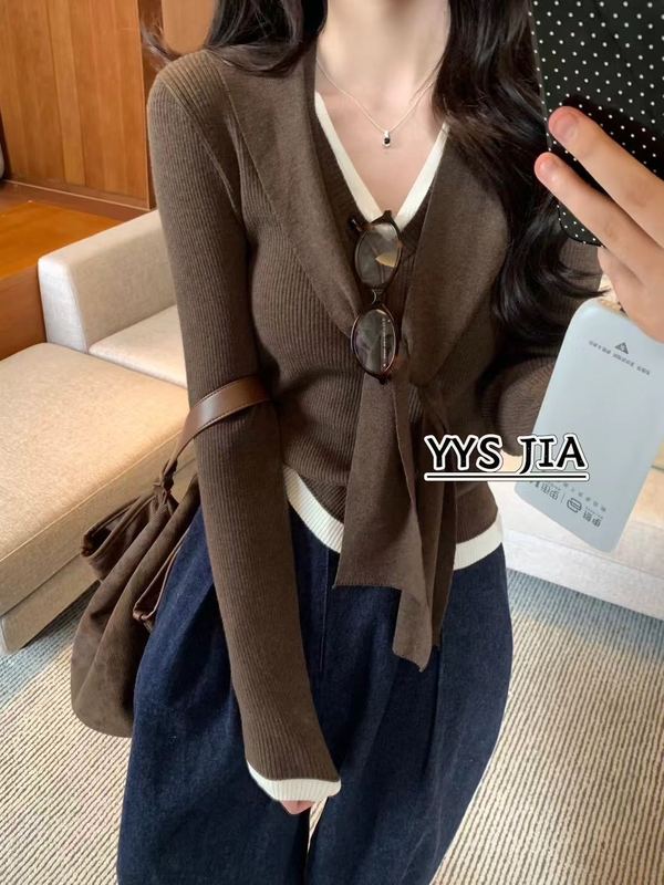 高级感撞色拼接V领针织衫女秋季新款叠穿外搭披肩长袖上衣两件套|undefined