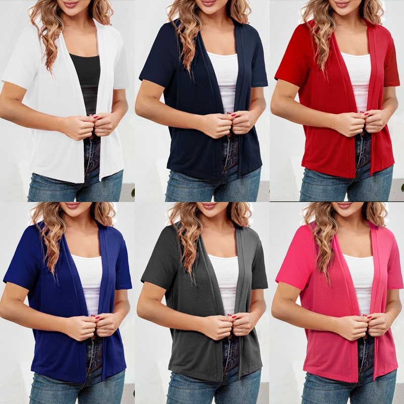 Foreign Trade Export European and American Short-Sleeved Basic Pure Color Casual Outerwear Slim Fit Versatile Elegant Top Knitwear Cardigan