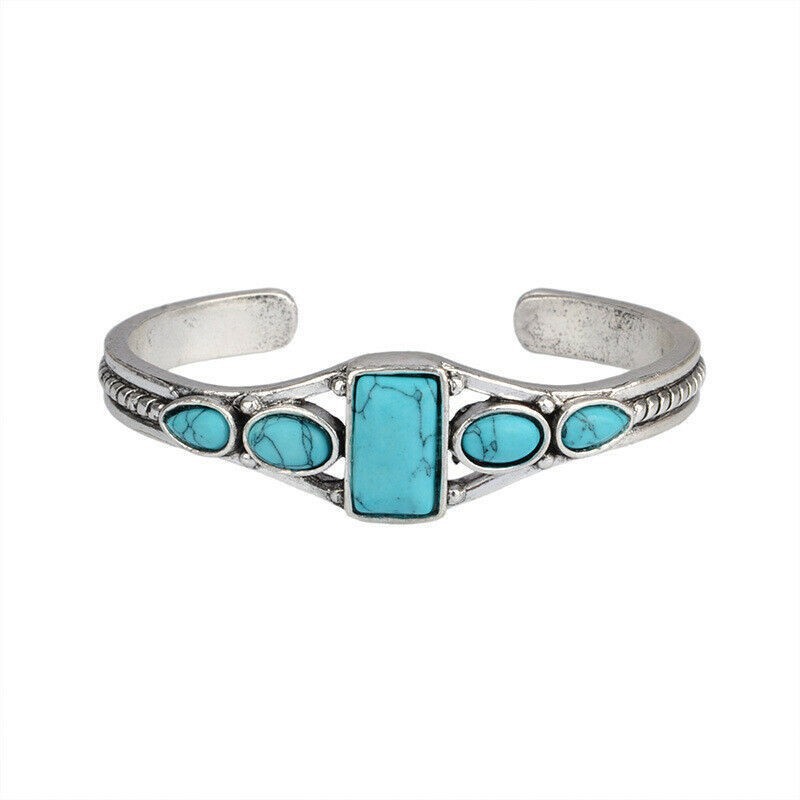 Europeo y americano bohemio retro turquesa abierto Ajustable pulsera tallada hueco forma geométrica pulsera
