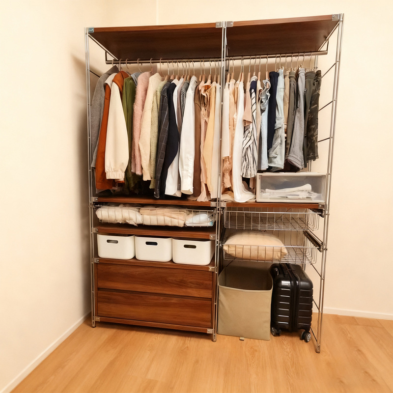 Walnut-Colored Simple Coat Rack, Clothes Rack, Bedroom Floor-Standing Clothes Rack, Walk-In Closet Rack with Door