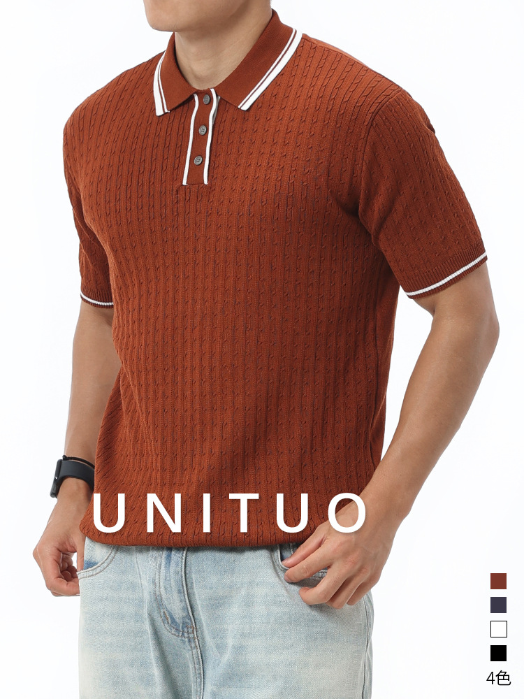 Europa y Estados Unidos transfronterizos hombres collar de color contrastante hielo de punto polo camisa de manga corta de negocios casual alta sensación de ropa de hombre