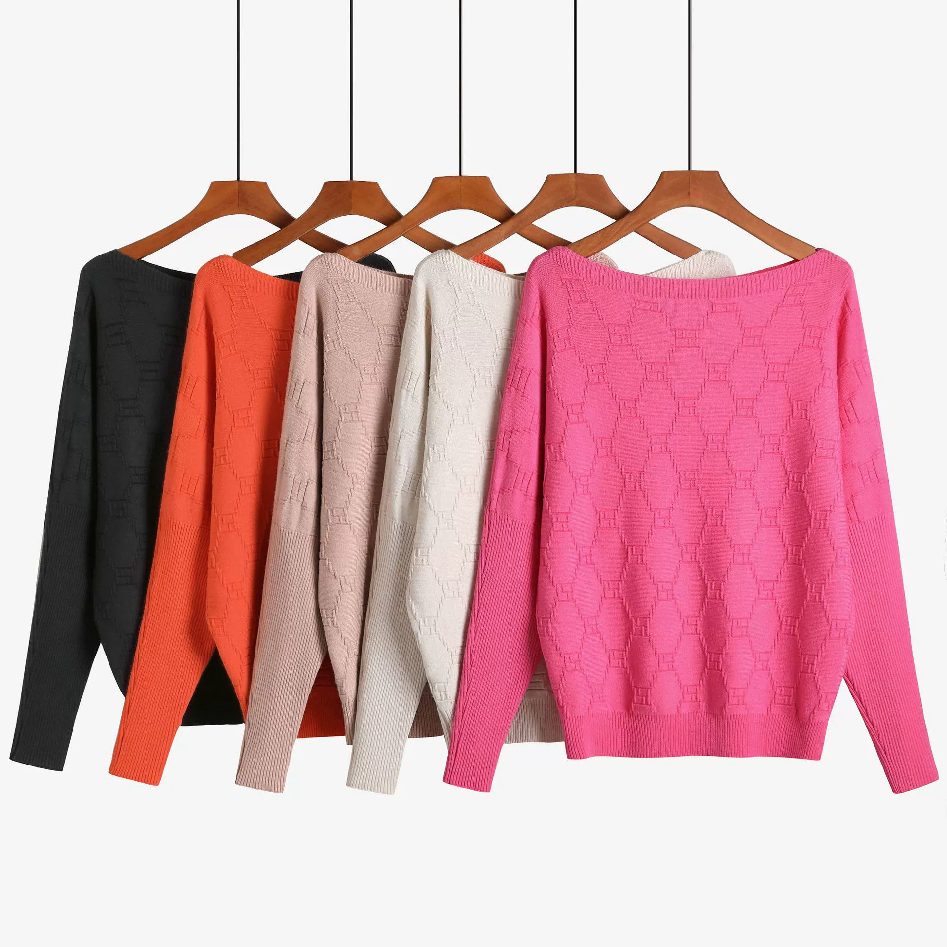 2023 Осенне-зимний жаккардовый свитер асимметричного вязания с рукавами «летучая мышь» без шеи, пуловер, эксклюзивный трансграничный