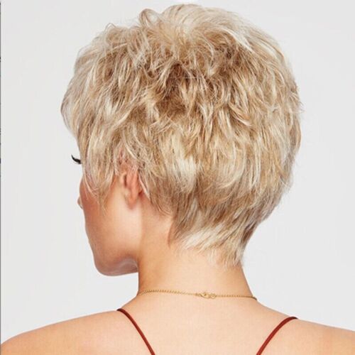 Peluca sintética de pelo corto y liso para mujer, diadema inclinada ajustable con gradiente de color dorado_voghion.com