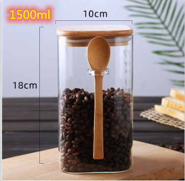 Frasco de vidrio cuadrado sellado con cuchara de madera caja de condimento granos de café botella de almacenamiento frasco de té