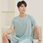 Шелковая прохладная пижама, нарукавники, мужской комплект, шорты, круглый воротник