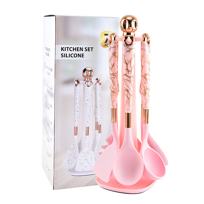 Venta caliente utensilios de cocina de silicona de comercio exterior de 7 piezas cocina cuchara de sopa antiadherente espátula con almacenamiento giratorio traje de rack