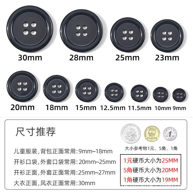 Botón de pan de cuatro ojos Camisa blanca y negra Cortavientos Botón de resina Botón de resina de dos ojos Botón de pan de cuatro ojos con borde fino transparente