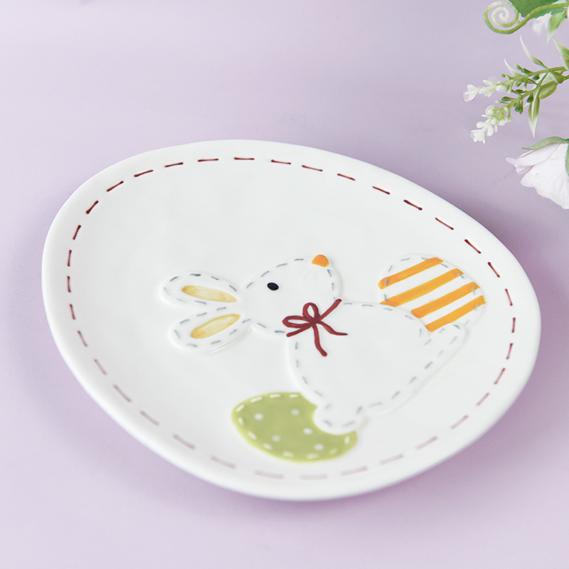 Lindo conejo de dibujos animados placa de cerámica de alta temperatura alivio placa plana Ceremonia del desayuno sensación plato Hogar Accesorios Para el hogar