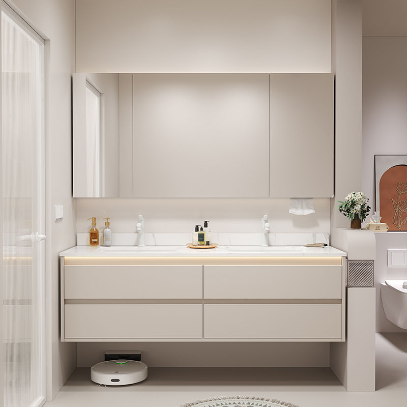 Smart Modern Minimalist Double Sink Cream-Style Bathroom Vanity Cabinet Combination with Integrated Ceramic Basin Smart Modern Minimalist Double Sink Cream-Style Bathroom Vanity Cabinet Combination with Integrated Ceramic Basin