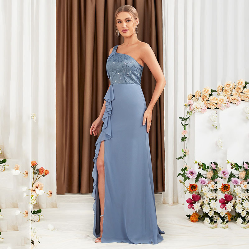 Vestido de noche para mujer, nuevo estilo, de alta gama, elegante, con hombros descubiertos, de un solo hombro, con abertura lateral, vestido para anfitriona de reunión anual