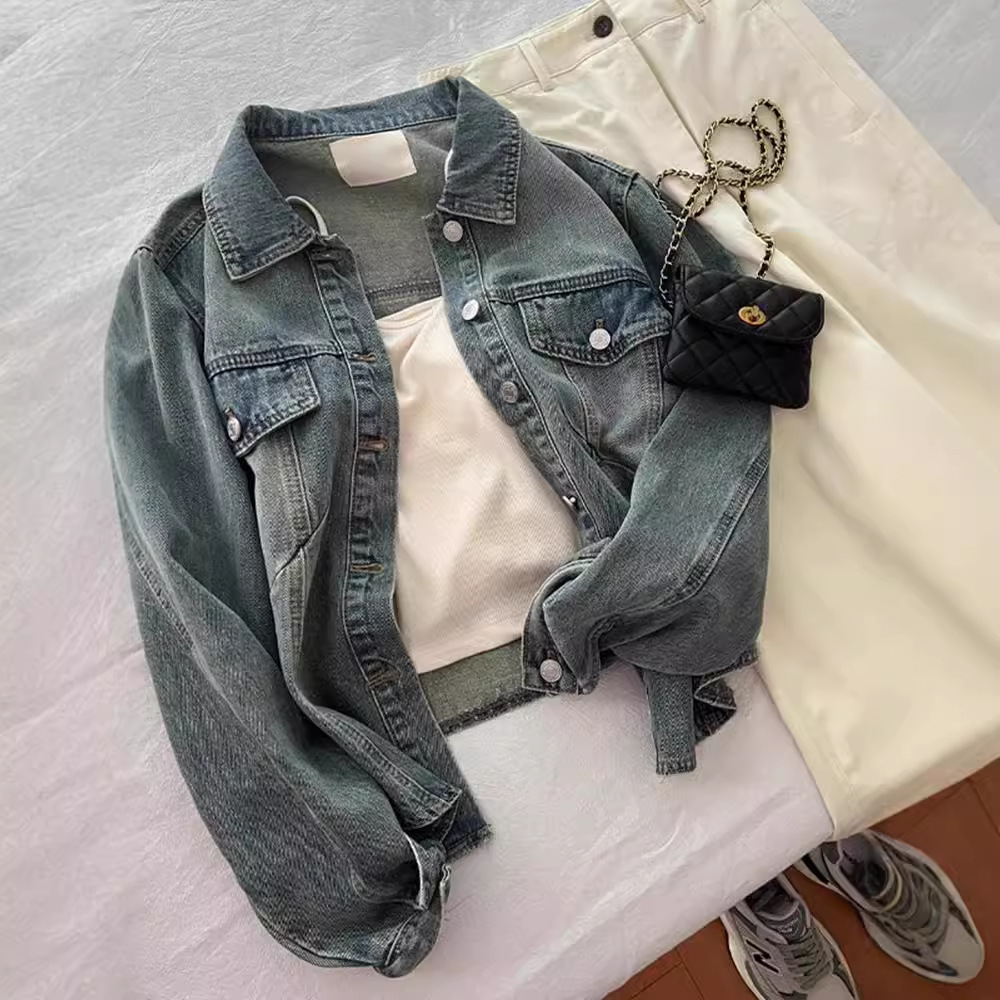 Women's Clothing Vintage Blue Lapel Denim Coat Women's Early Spring Loose All-match Hong Kong-style Jacket Short Top_voghion.com