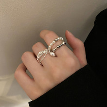 s925纯银珍珠戒指女冷淡风不规则链条小众设计时尚开口指环食指戒