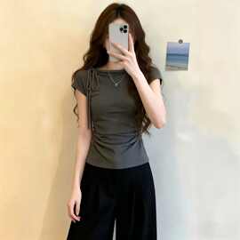 夏季新款灰色正肩短袖T恤女修身显瘦设计感绑带小众上衣百搭气质