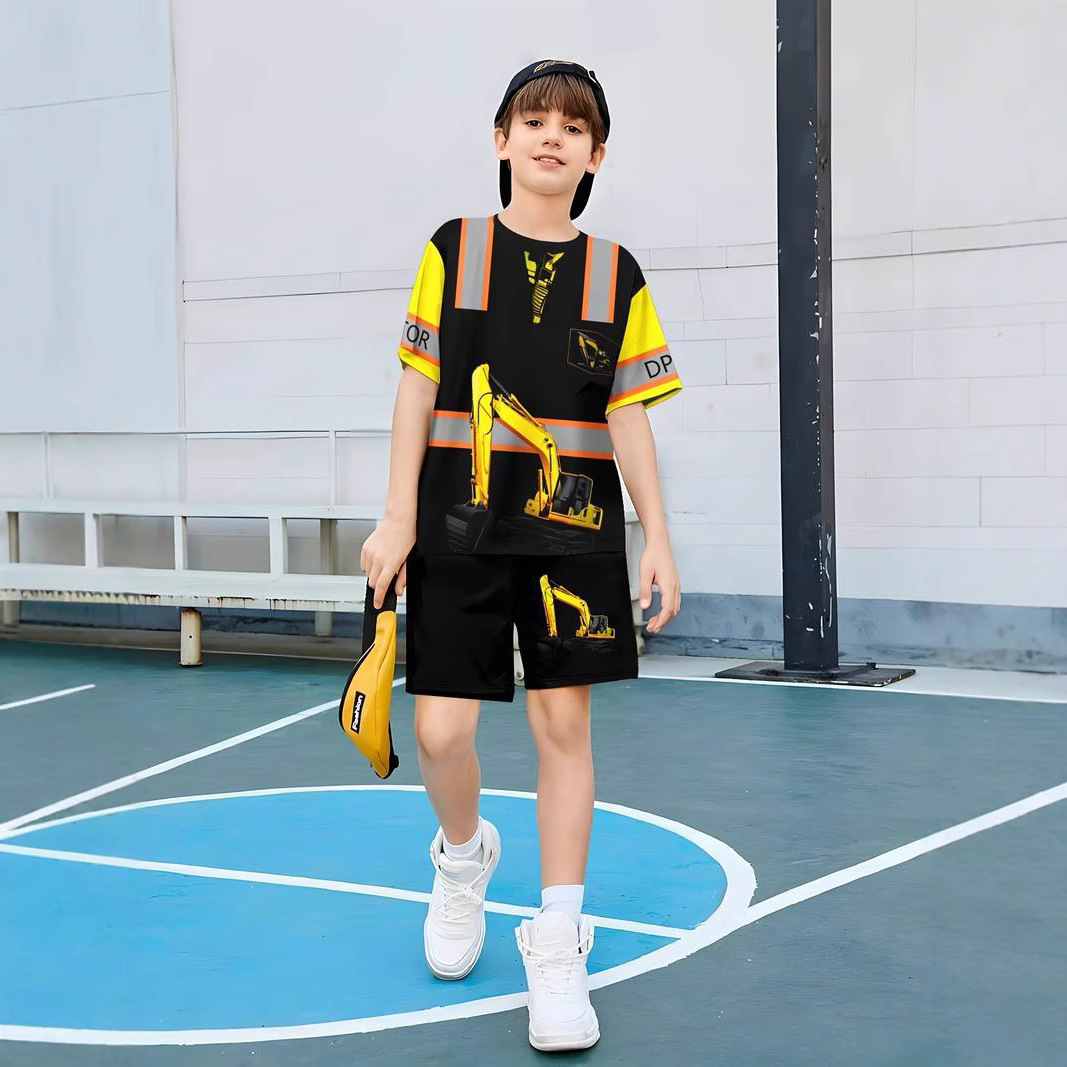 Moeder & Kinderen Zomerset met korte mouwen, shorts en T-shirt met cartoonprint voor jongens van 3-7 jaar._voghion.com