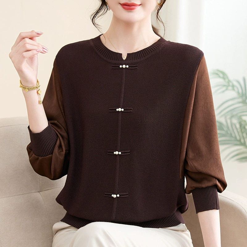 Новая мама одежда мода иностранная леди среднего и пожилого возраста повседневная вязаная рубашка весенняя рубашка нижняя рубашка весенняя и осенняя одежда