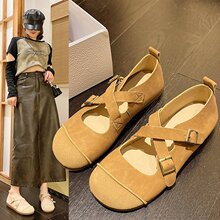 2024新款秋爱尚小脚丫文艺复古手工软皮交叉系带平底休闲女鞋单鞋