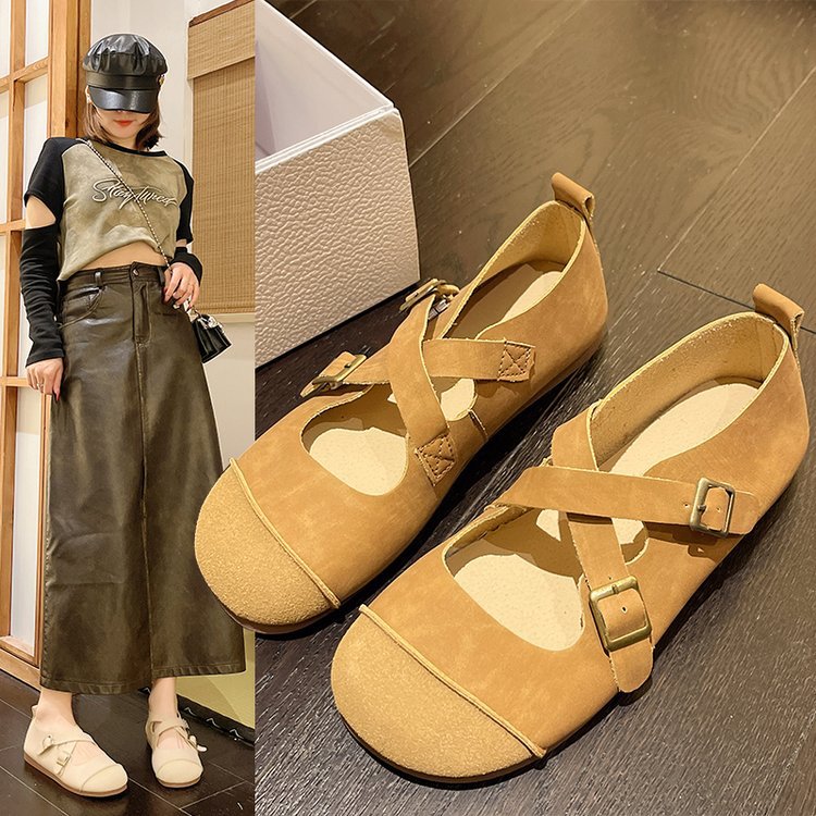 2024新款秋爱尚小脚丫文艺复古手工软皮交叉系带平底休闲女鞋单鞋