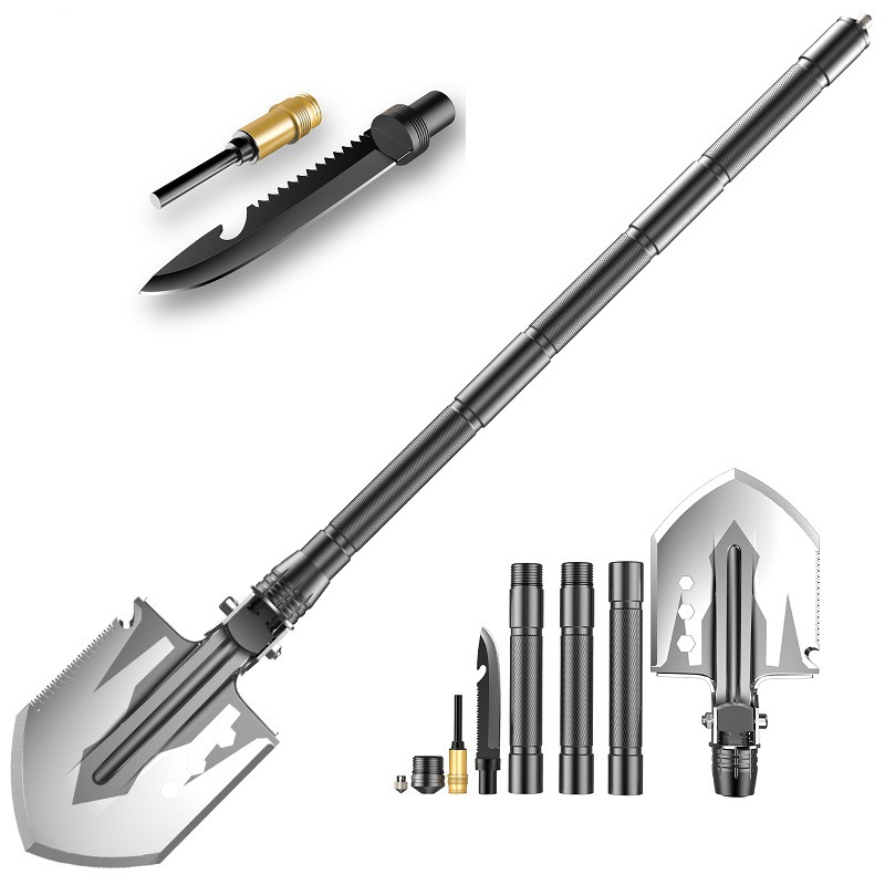 小岛黑色多功能户外钢锹分段折叠式兵工铲车载铁锹野营山地工具