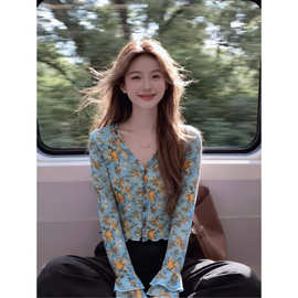 复古花边喇叭短款开衫长袖T恤女夏季薄法式甜美网纱设计空调上衣