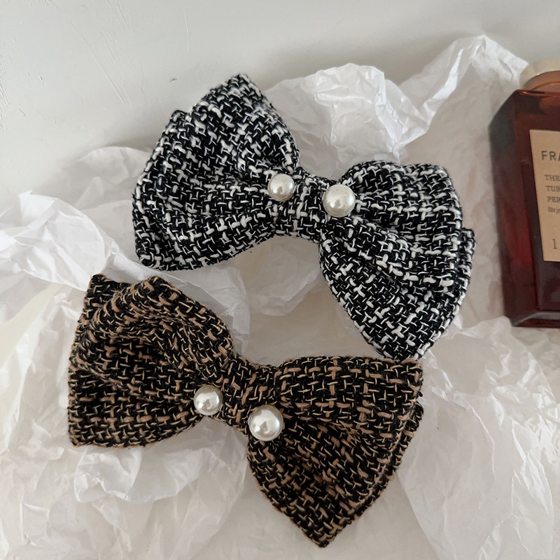 Französisches Karomuster, große Perle, Schleife, schwarz-weiß, Kopfbedeckung, Haarnadel, elegantes Hinterkopf-Frühlingsoberteil, kariertes Herbst- und Winterhaar_voghion.com