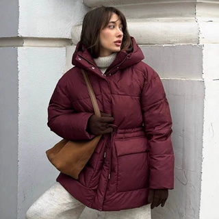跨境酒红色连帽棉服欧美2025冬季系带收腰拉链面包服保暖棉服外套
