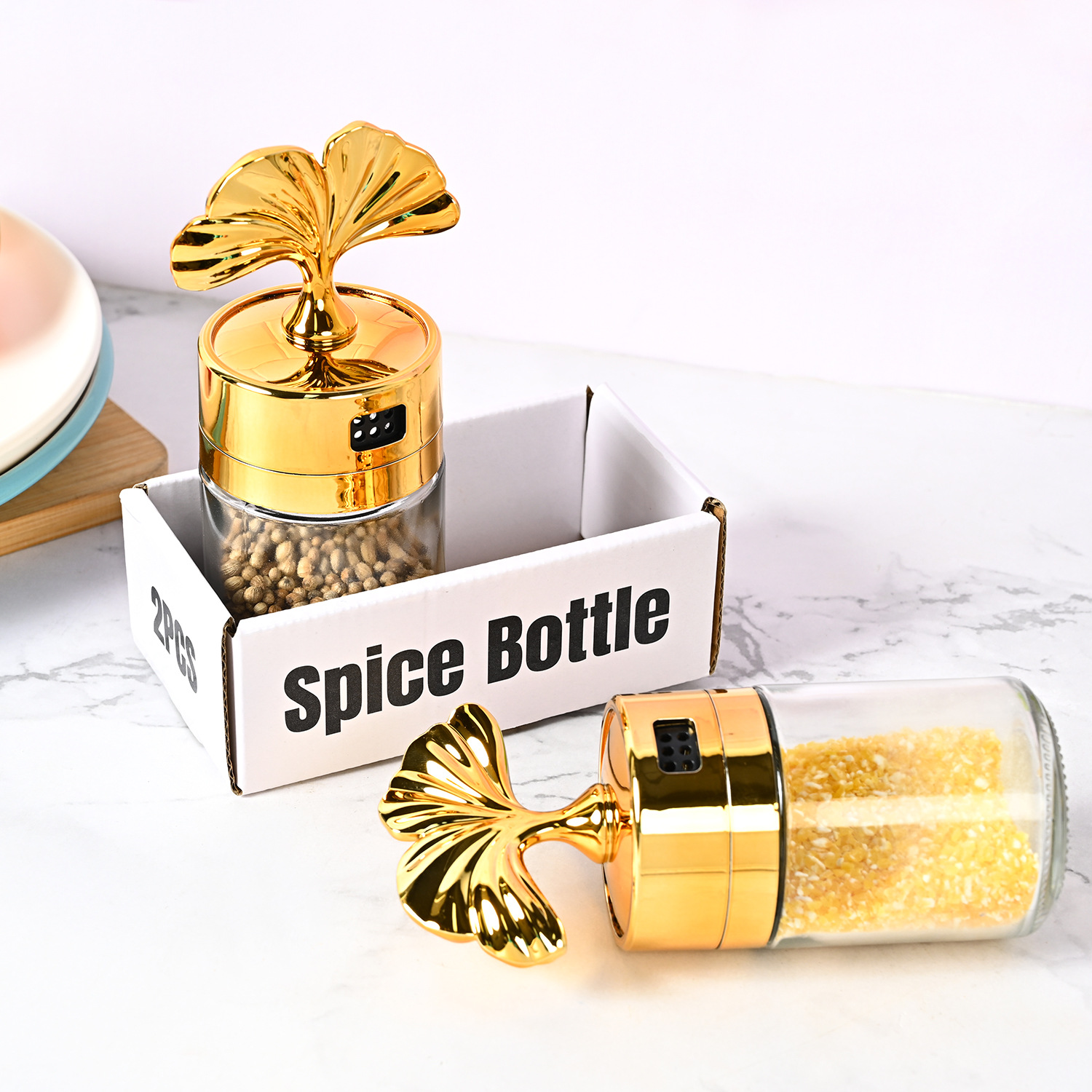 Nueva cocina sellada ginkgo hoja condimento botella hogar frasco de sal vidrio condimento botella condimento caja MSG condimento botella