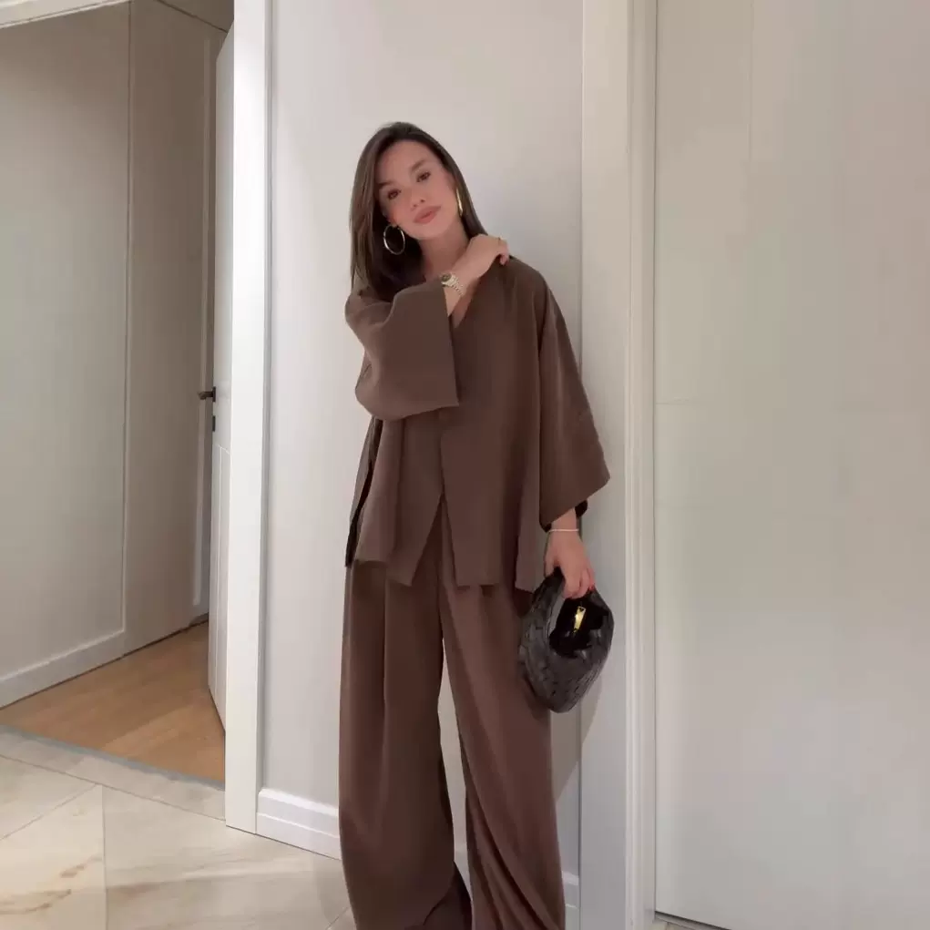 2025年新款欧美亚马逊跨境外贸女装宽松休闲长袖开衫长裤纯色套装