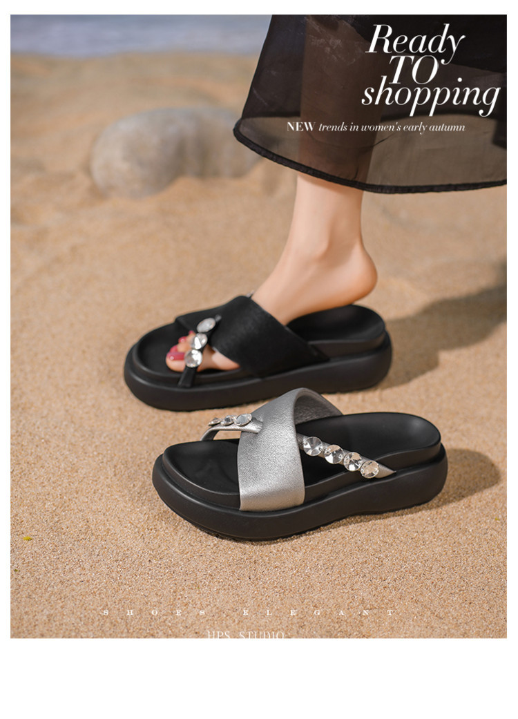 Dép sandal nữ xỏ ngón đế xuồng đính đá pha lê, đế dày thoải mái, đi biển mùa hè — đen, bạc chi tiết 1