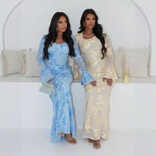 GY26079秋冬季欧美亚马逊露背喇叭袖包臀性感时尚性感修身连衣裙