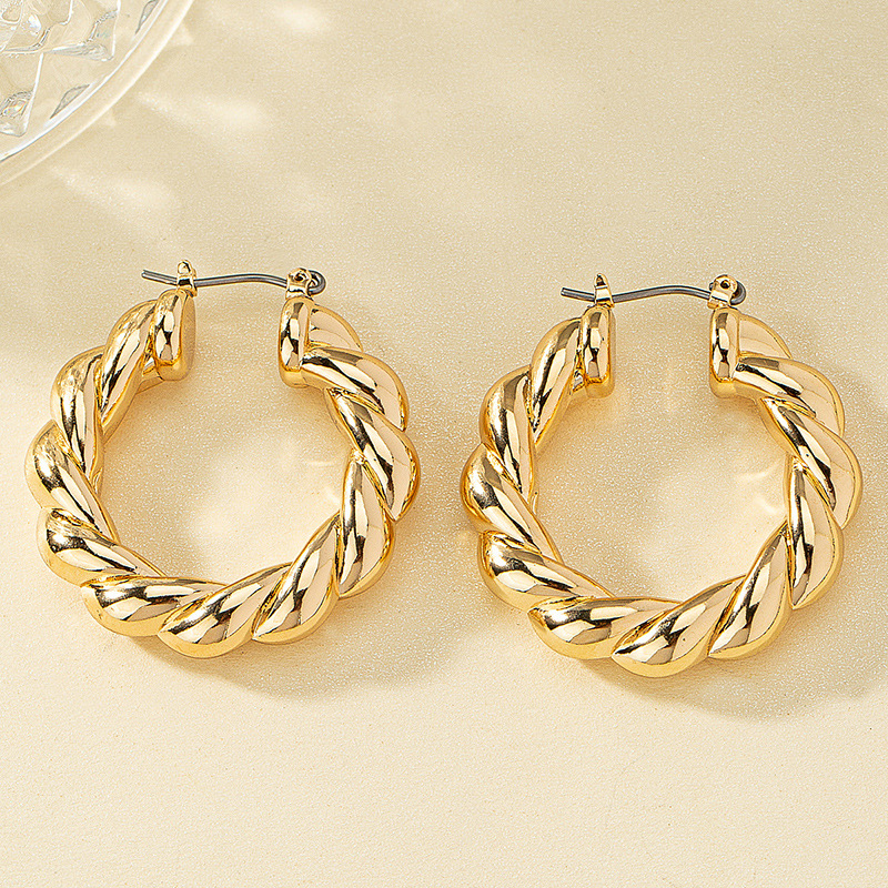 ins法式高級感麻花耳環耳圈女歐美復古金屬空心氣質圓圈耳飾