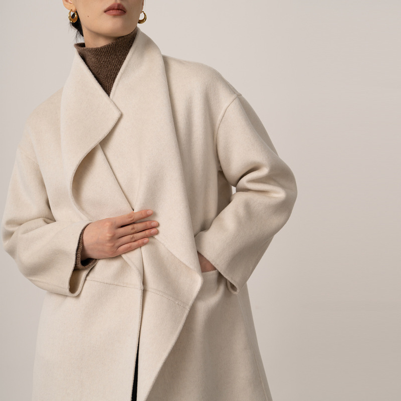 Tt Brand Silk-Cashmere Blend Free Lapel Mid-Length Over-The-Hip Double-Sided Cashmere Coat for Women, Autumn and Winter, Petite Size