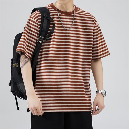 Striped pure cotton versatile niche design light mature style short-sleeved T-shirt handsome Korean style casual tops