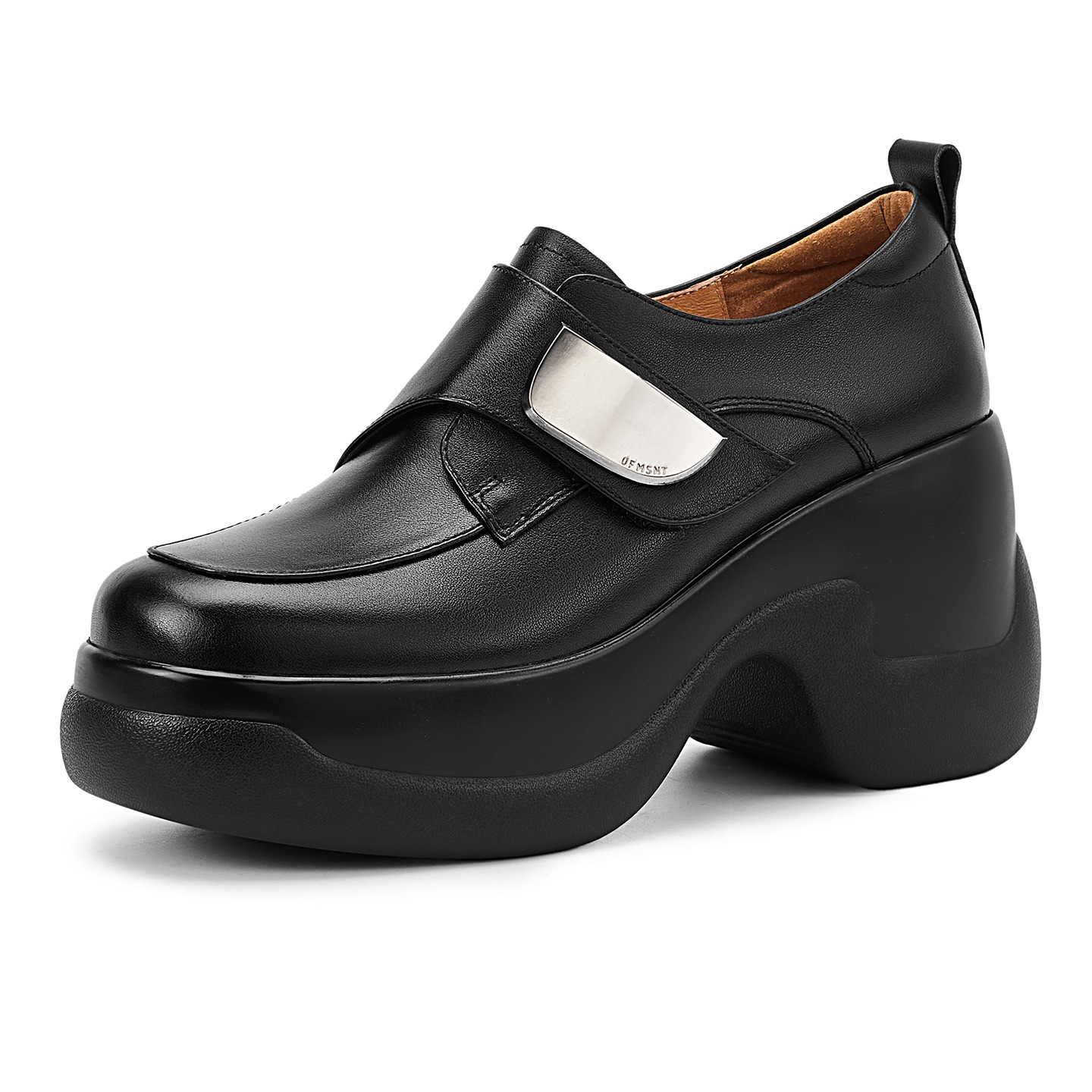 Giày cao gót nữ mũi tròn da bò gót vuông 9 cm quai khóa — màu nâu