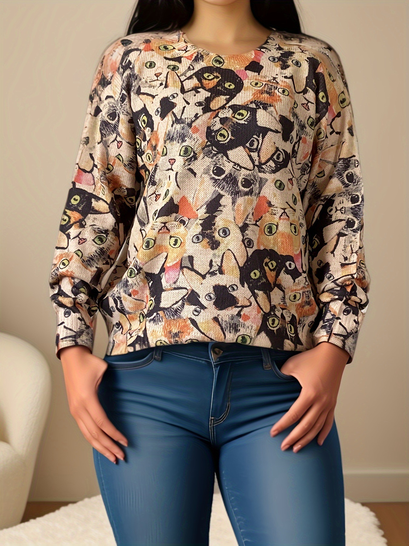 Cross-Border European and American Plus-Size Women's Clothing, Fat Women's Knitwear, Autumn and Winter Cat Pattern Round Neck Loose Pullover Sweater for Women, Vintage Style