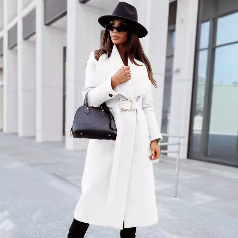 Demi-season long-sleeve, belt, woolen coat, jacket, 2022, wish, Amazon, simple and elegant design, V-neckline