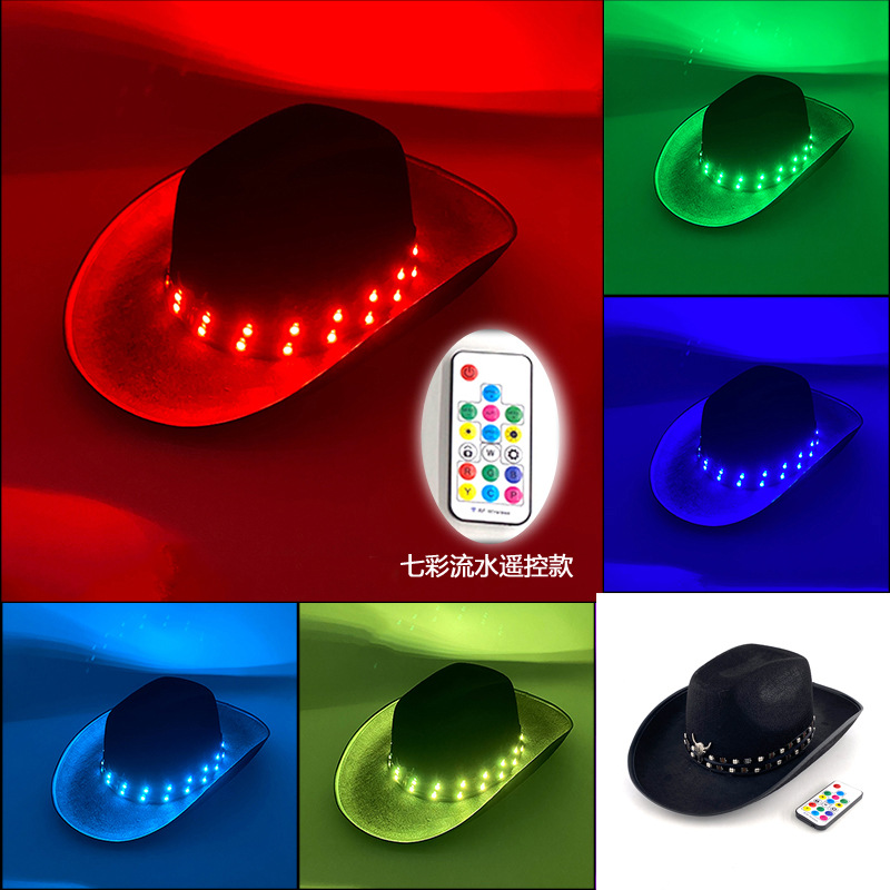Amazon fiesta de Halloween LED sombrero de vaquero tibetano nacional cabeza de toro rizado control remoto sombrero luminoso colorido