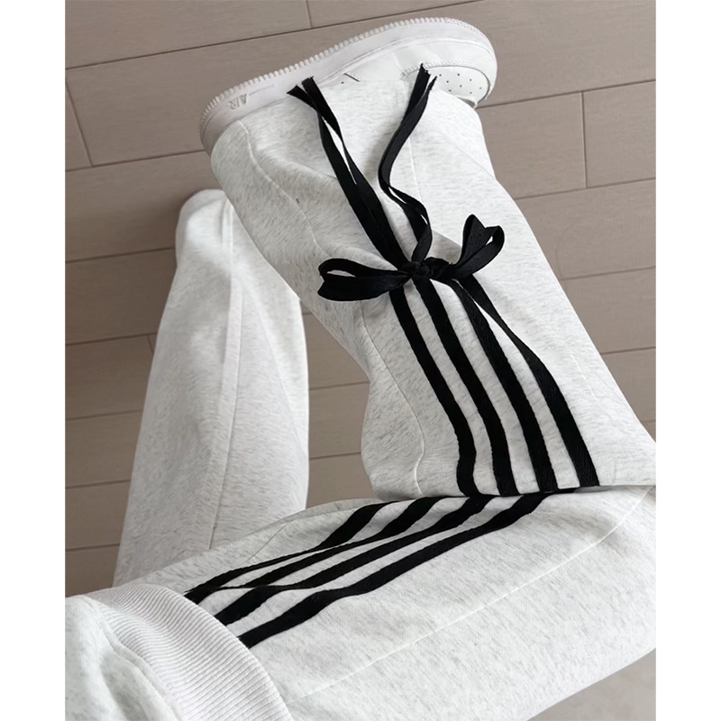 Gray Bowknot Sweatpants for Women, Spring and Autumn 2026 New High-Waisted Loose Straight-Leg Casual Floor-Length Wide-Leg Pants