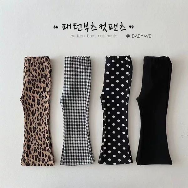 Spring and Autumn Girls' Korean Style New Leopard Print Flared Pants Casual Versatile Plaid Trendy Pants for Young Children