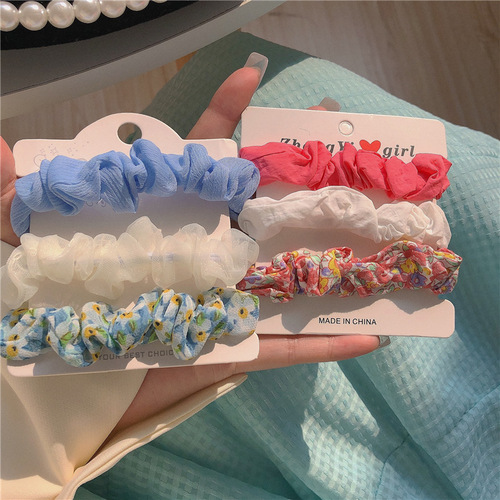Pink and tender spring color ~ 3 pieces of floral hair tie combination small fresh blue pink hair rope hair accessories headband