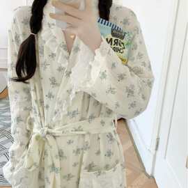 韩国ins女士春秋新款韩版舒适保暖双层纱碎花花边睡袍家居服外贸