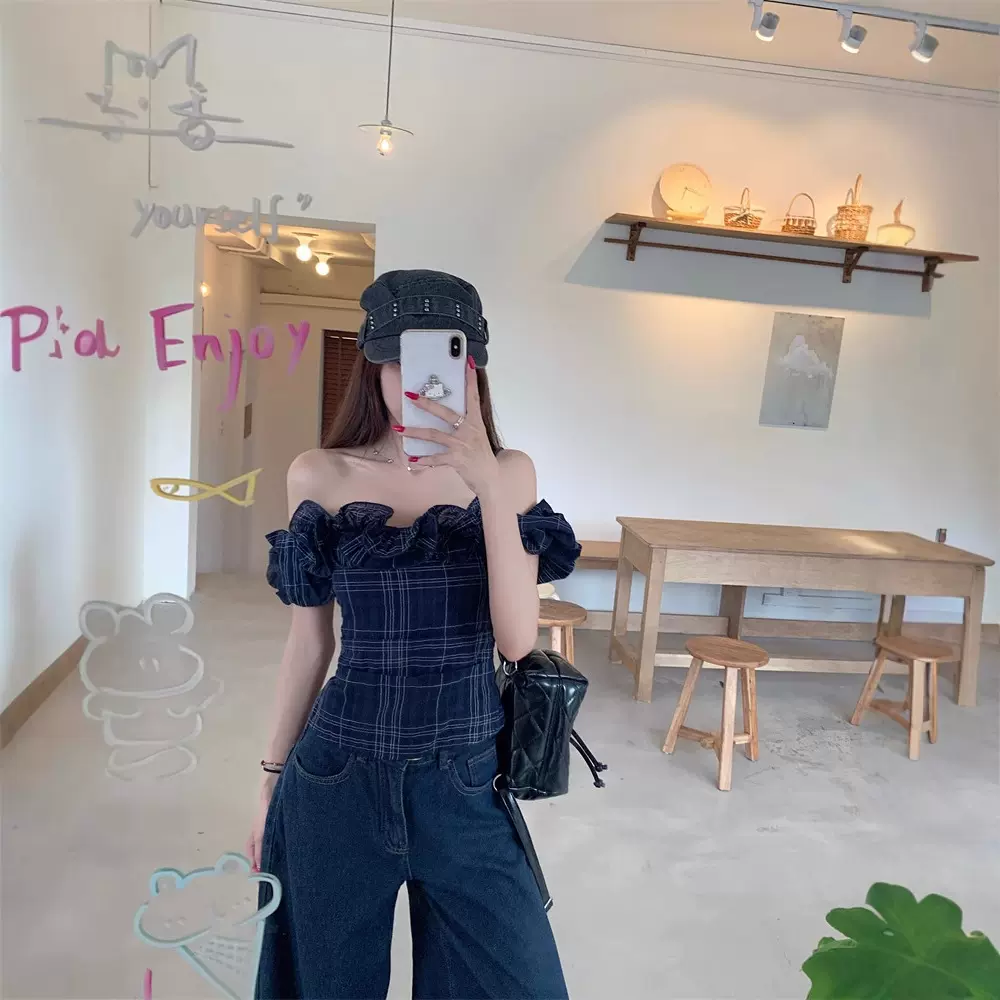 实拍~一字肩花边领修身露肩短款上衣女甜美格纹气质时尚衬衫女装