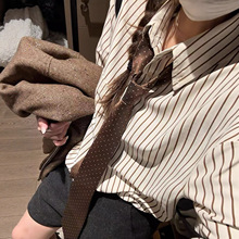 韩系秋冬水洗绒宽松衬衣一学院风女生条纹衬衫上衣一送领带8719