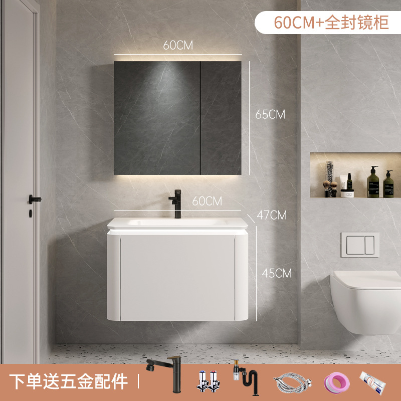 Estilo crema de múltiples capas de madera maciza gabinete de baño combinación baño lavabo mesa de lavado sensación de la piel cuenca inteligente baño espejo gabinete