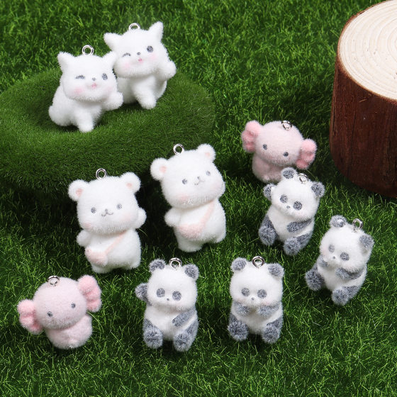 Resin flocking three-dimensional cartoon cute bear panda lucky cat hexagonal dragon DIY handmade jewelry pendant accessories