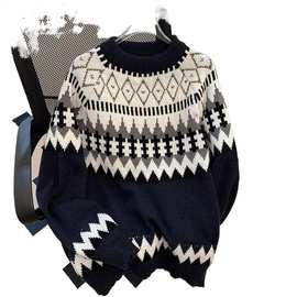 工装美式复古重磅冰岛毛衣男圆领费尔岛提花慵懒风针织衫秋冬现货