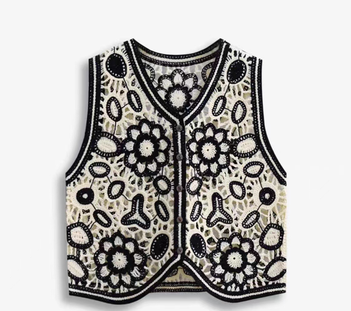 Nuevo estilo japonés hecho a mano de ganchillo contraste de color de punto Chaleco de las mujeres de moda de reducción de edad versátil chaleco cardigan desgaste exterior de moda superior