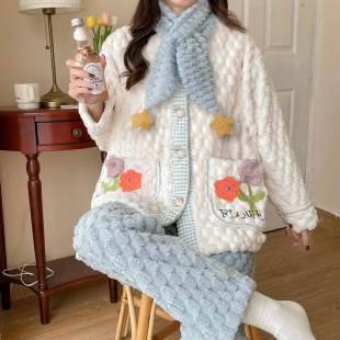Autumn and winter flannel moon clothing pregnant women's pajamas postpartum long sleeve thickened out coral fleece breast-feeding suit