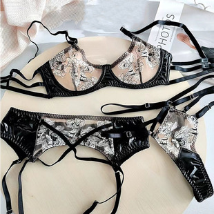 Foreign Trade Sexy Underwear Women's Sexy Uniform Temptation Embroidered Lace Leather Black Bra Garter Belt Three-Piece Set